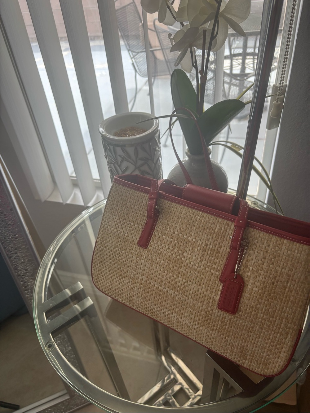 Coach Woven Straw Tote with Red Leather Trim